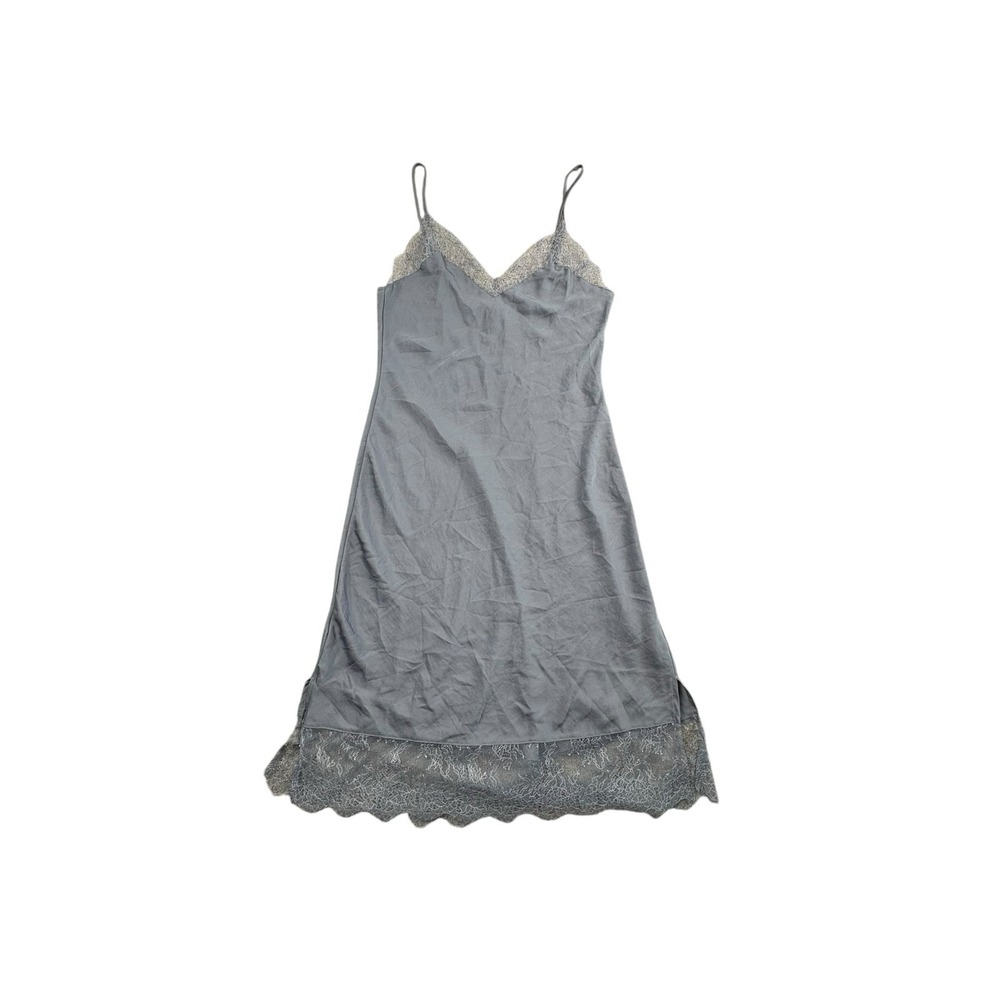 Victoria's Secret Gray Lace Trim Satin Slip Chemise Nightgown Women M